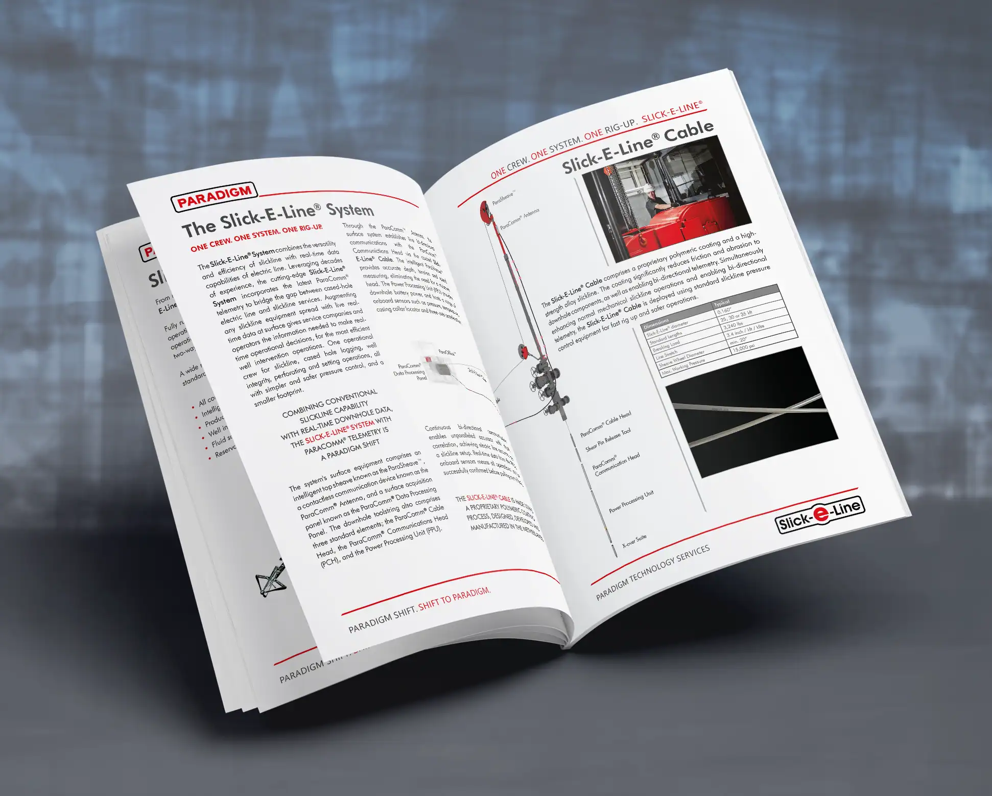 Open Paradigm Slick-E-Line brochure showing system specifications and cable details